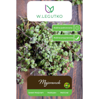 Aedmajoraani Origanum majorana seemnete pakend värske majoraani okstega puitpinnal