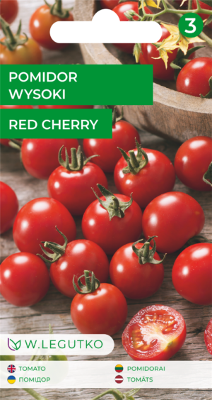 Kõrge kirsstomati Red Cherry seemnete pakend punaste väikeste tomatitega