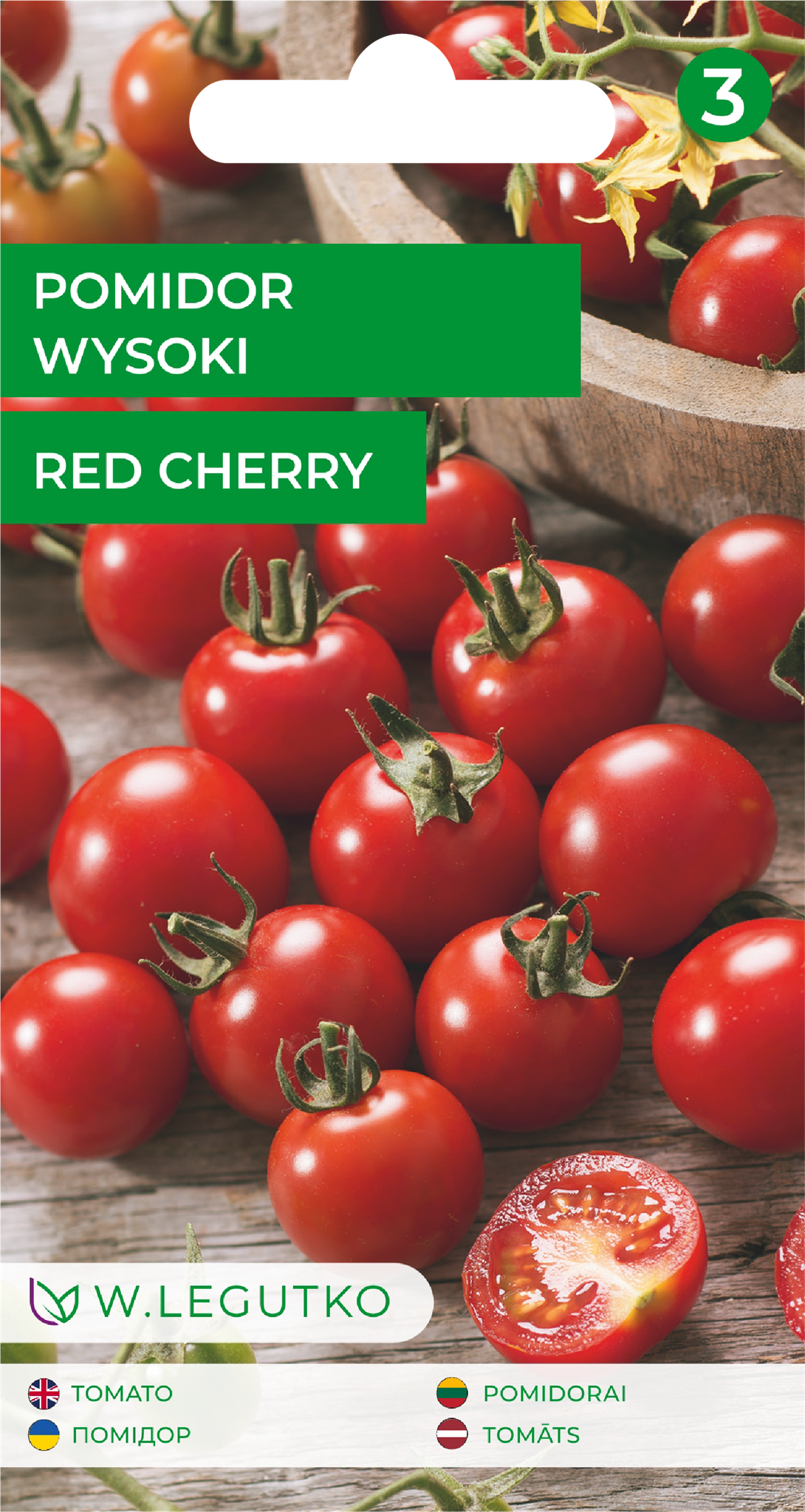 Kõrge kirsstomati Red Cherry seemnete pakend punaste väikeste tomatitega