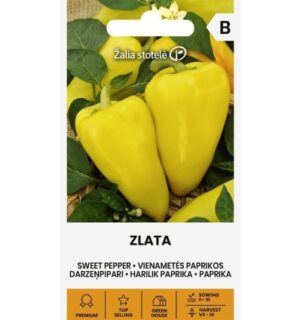 Hariliku paprika Zlata seemnepakend kollaste koonusekujuliste viljadega