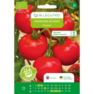 Kõrge tomati Faworyt BIO seemnete pakend kopsakate punaste tomatitega