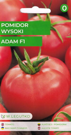 Kõrge tomati Adam F1 seemnete pakend punaste mahlakate tomatitega